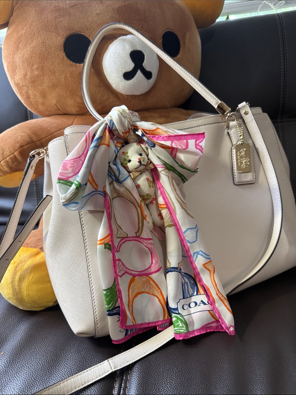 Coach Light Beige Pebbled Leather Shoulder Tote with Scarf and Charm